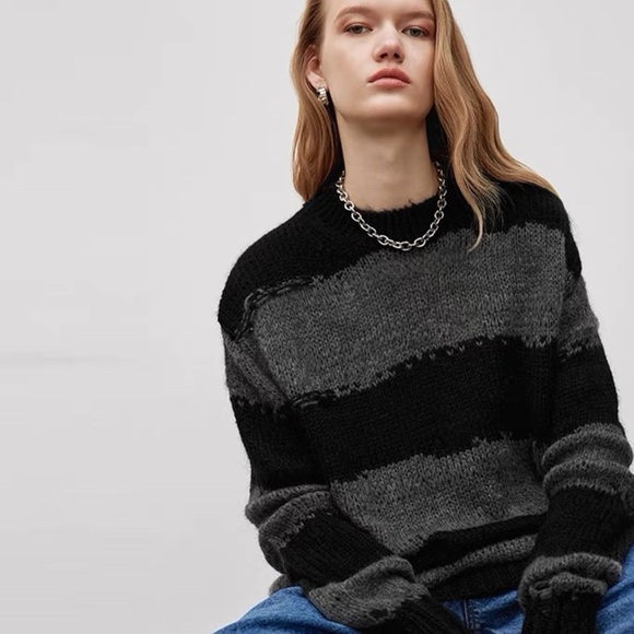 Striped Black and Gray Women's Sweater - Picture 1 of 8